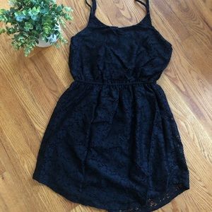 Black spaghetti strap dress with floral overlay